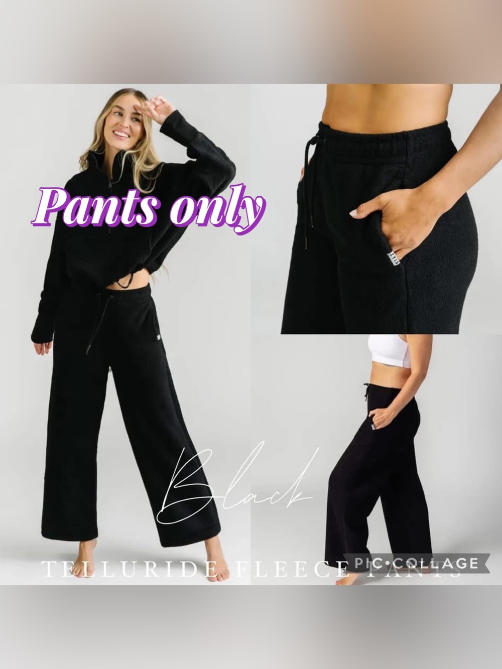 Zyia Active Black Telluride Fleece Wide Leg Lounge Pants Drawstring